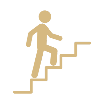 A person walking up steps icon in gold.