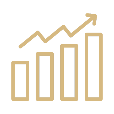 A graph with an arrow icon in gold.