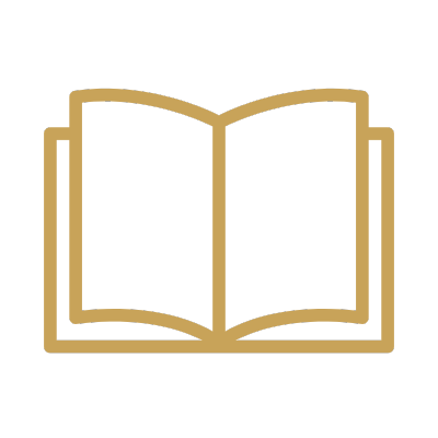 An open book icon in gold.